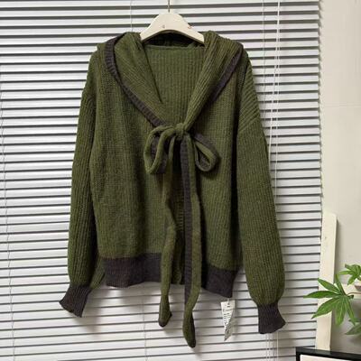 0205-18慵懒风连帽绑带含10%羊毛针织开衫毛衣外套复古穿搭上衣