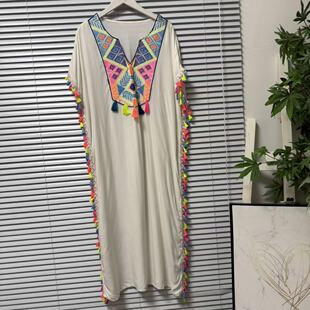 文艺 刺绣夏季 0325 6法国单民族风休闲宽松长裙流苏连衣裙V领短袖