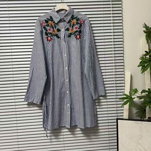 宽松翻领花卉刺绣女装 休闲条纹衬衫 单排扣文艺 3法国单长袖 0325