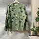 0128 34法系慵懒风绿色印花针织开衫 女V领纽扣毛衣外套上衣