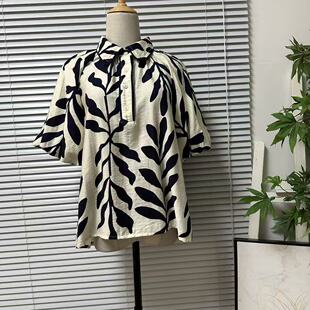 0406-2法国休闲风印花衬衫宽松翻领短袖女装树叶图案纽扣植物花卉