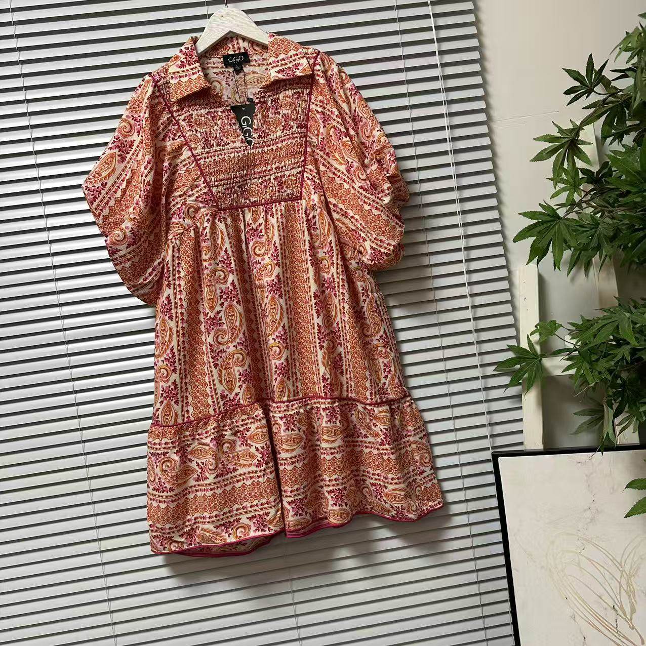 1219-32欧美单波西米亚风印花连衣裙女轻熟小众翻领泡泡袖气质裙