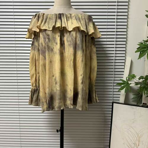 0326-13原创设计荷叶边宽松露肩褶皱设计气质款衬衫扎染设计感