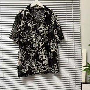 0512-51小众高级感叶子刺绣短袖衬衫女黑色宽松刺绣度假衬衫