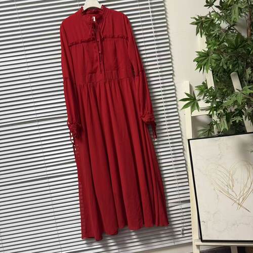 0717-54品牌单淑女风红色长袖立领荷叶边纽扣连衣裙女修身浪漫裙