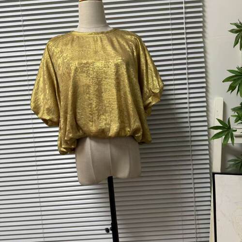 0601-7法国单小众金色缎面短袖衬衫女圆领百搭显瘦气质上衣女装