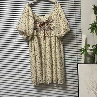 连衣裙系带日常通勤泡泡袖 方领碎花甜美收腰短袖 51法国大码 0325