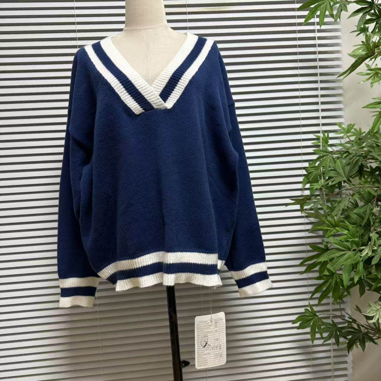 1029-30欧美单长袖休闲条纹宽松套头毛衣女装V领针织衫短外套