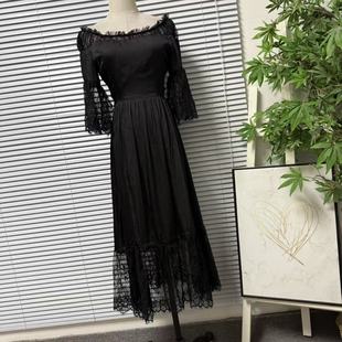 一字肩气质优雅长裙 复古黑色蕾丝拼接连衣裙女长袖 1219 6法式