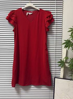 1222-57轻熟简约风V领荷叶袖连衣裙女红色中长款显瘦气质裙