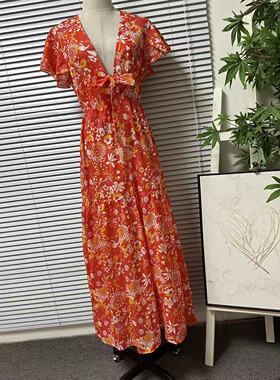 0204-17法式浪漫风V领短袖印花连衣裙女红色收腰长裙度假裙
