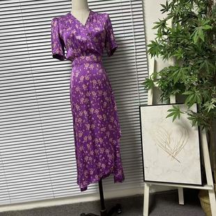 绑带连衣裙女V领收腰中长裙紫色复古气质裙 碎花一片式 1219 44法式