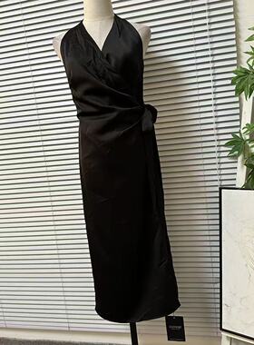 0119-25轻奢风V领无袖黑色连衣裙女收腰系带修身显瘦气质长裙