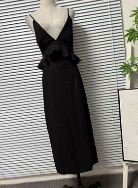 1231-4法式黑色V领吊带连衣裙女夏显瘦荷叶边设计感长裙