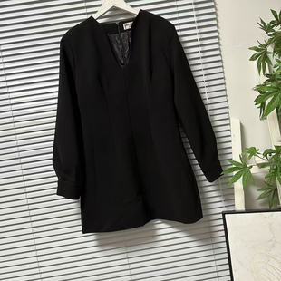 0204-19法系知性温柔风黑色V领长袖通勤风连衣裙高级感包臀裙