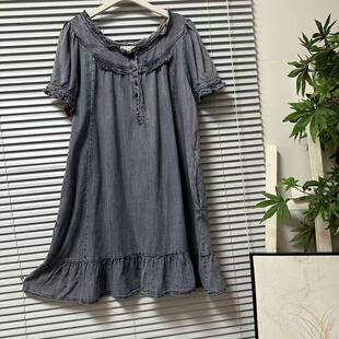 0320-14法系天丝牛仔夏季连衣裙木耳边短袖荷叶边宽松花边领女装