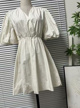 1201-17法式温柔风白色泡泡袖连衣裙女V领收腰显瘦中长减龄裙子
