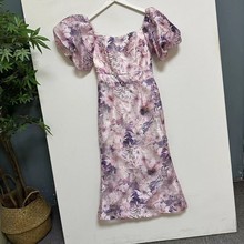 0412-62深圳高货轻奢法系胸垫泡泡袖高级感欧根纱印花修身连衣裙