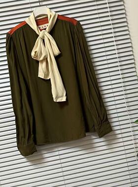 0116-39美拉德蝴蝶结系带含真丝醋酸衬衫长袖高级感设计飘带上衣