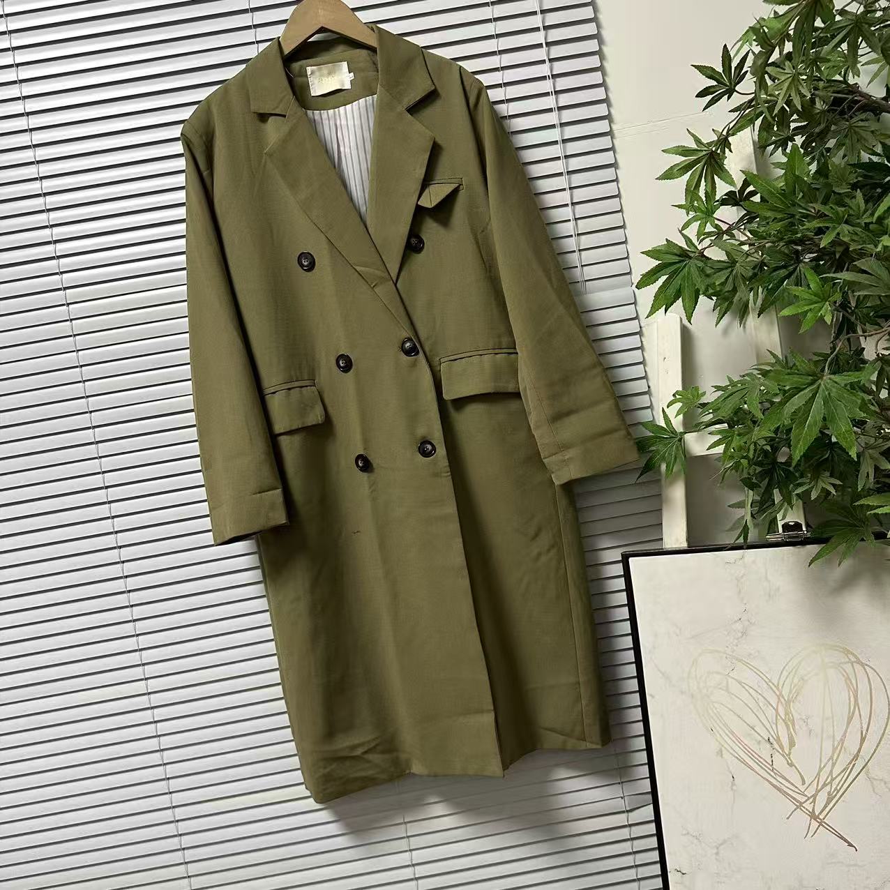 1119-44韩系品牌复古简约风双排扣风衣中长款翻领大衣廓形外套