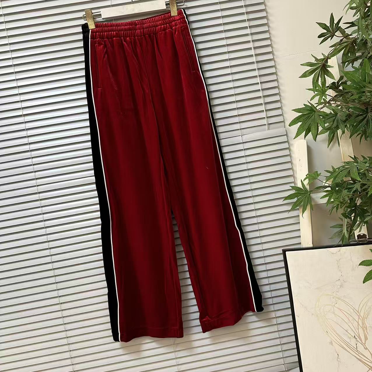 1205-54高腰丝绒阔腿裤女宽松显瘦松紧腰侧条纹休闲裤通勤长裤