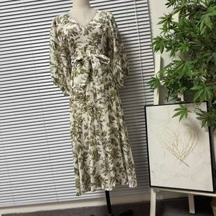 显瘦裙子 收腰系带中长款 1219 9欧美复古亚麻印花连衣裙女V领长袖