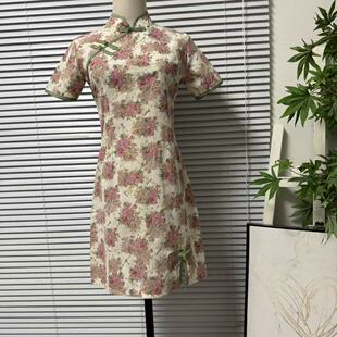 风格 中式 盘扣复古 31原创设计旗袍花卉印花收腰连衣裙短袖 0323