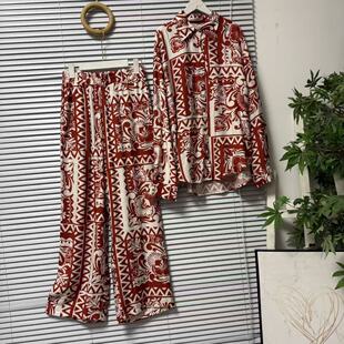 0330 休闲衬衣 松紧腰直筒长裤 两件套慵懒轻奢 50法系民族风长袖