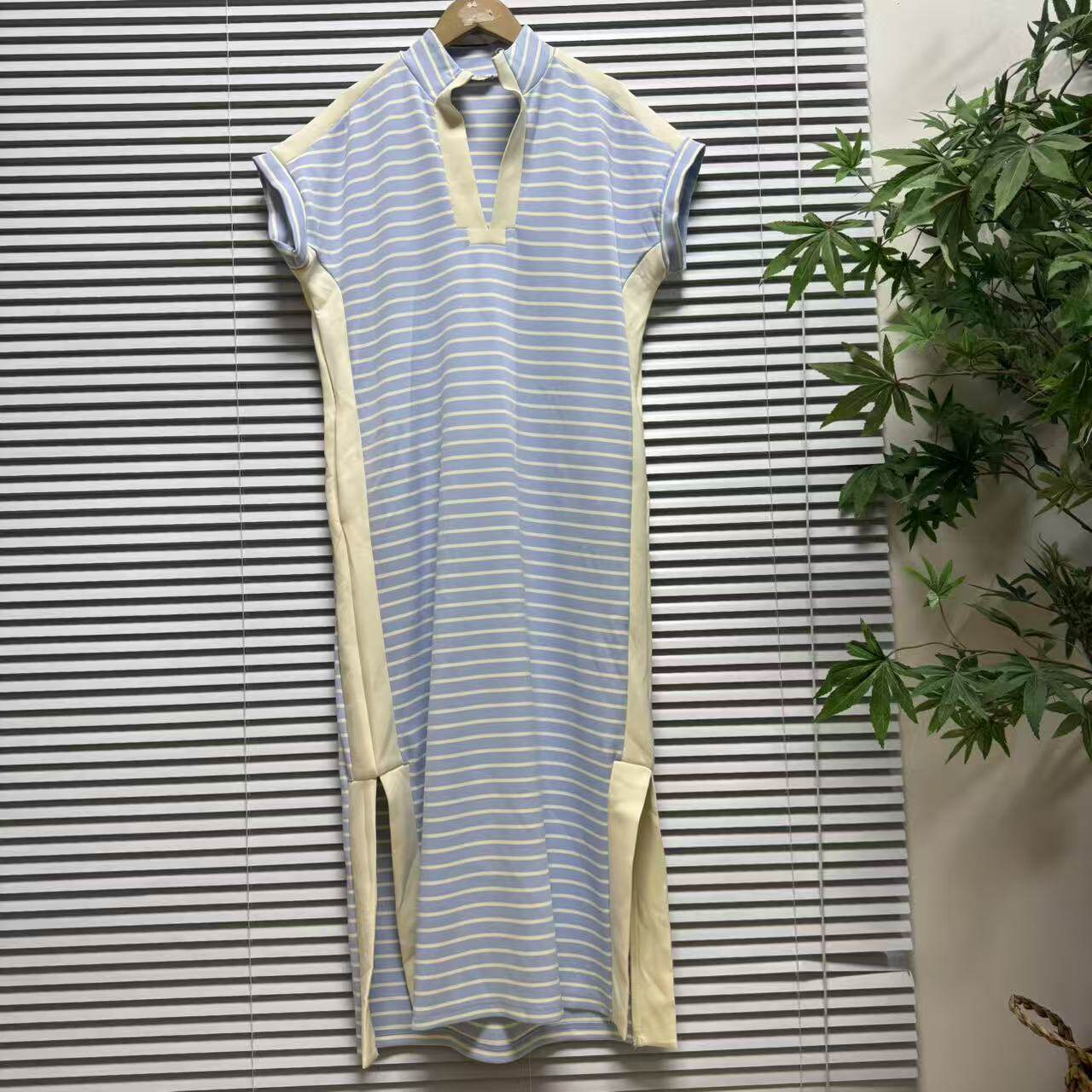 0930-52欧美单学院风蓝白条纹POLO领连衣裙女短袖中长款舒适T恤裙