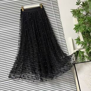 0707-35欧美单黑色网纱半身裙女长裙重工钉珠刺绣仙女裙显瘦百搭