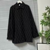 0103 上衣 宽松港味重工翻领衬衫 39复古黑色菱格纹烫钻衬衫 女长袖