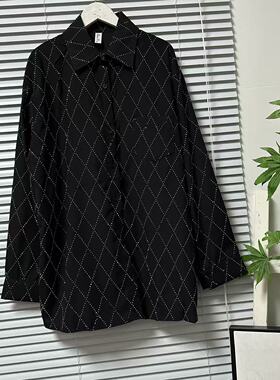 0103-39复古黑色菱格纹烫钻衬衫女长袖宽松港味重工翻领衬衫上衣