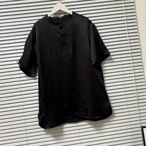 0317-53品牌高货黑色醋酸短袖衬衫中性宽松立领盘扣设计休闲上衣