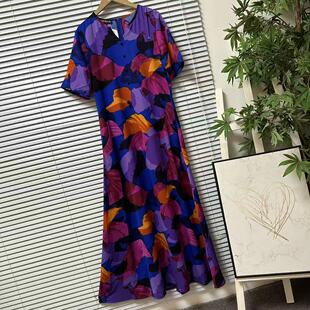 轻熟风裙子 V领显瘦中长款 0202 59外单样衣复古印花连衣裙女短袖