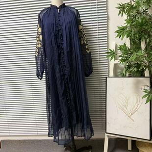 0728-7欧美单复古立领刺绣欧根纱连衣裙女长袖系带显瘦气质长裙