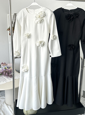 MONA 黑白色优雅气质宴会 花朵设计长袖连衣裙内搭小个子 新款
