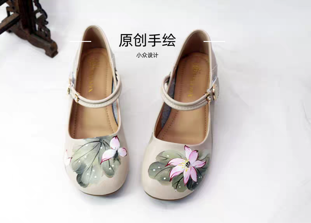原创手绘国风古风汉服鞋旗袍鞋女圆头一字带单鞋低跟鞋凉鞋小众