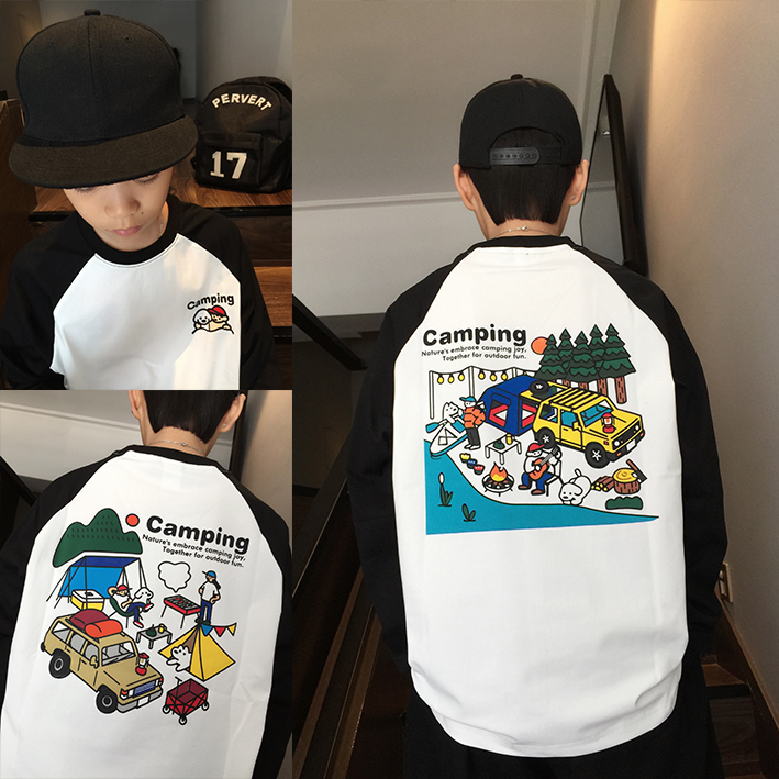 中大童长袖T恤春秋款儿童卡通T恤运动抗菌插肩袖嘻哈街舞男童上衣