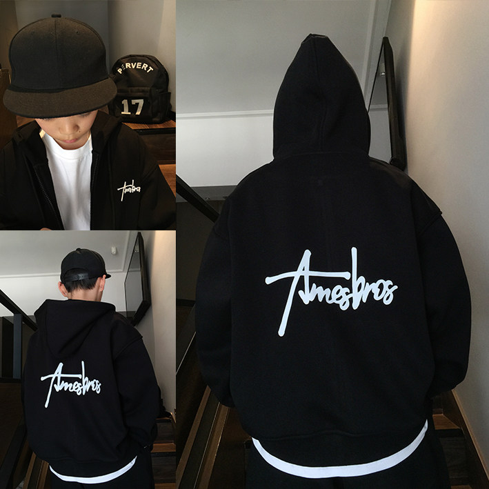 中大童加绒卫衣儿童美式字母印花嘻哈街舞连帽卫衣男童拉链衫外套