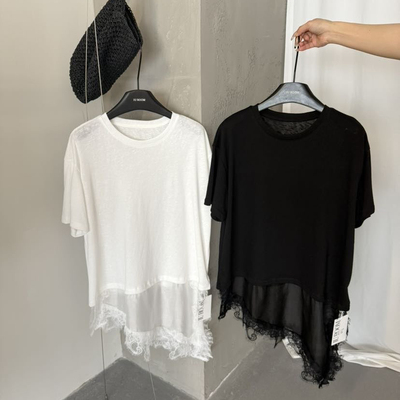 IU ROOM 韩系蕾丝花边屁帘中长短袖T恤圆领设计感宽松上衣5527
