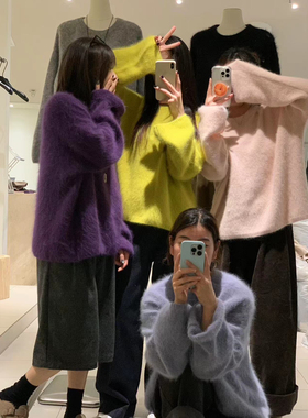 IU ROOM韩系圆领兔绒纯色毛衣女春季高级感软糯亲肤宽松针织衫