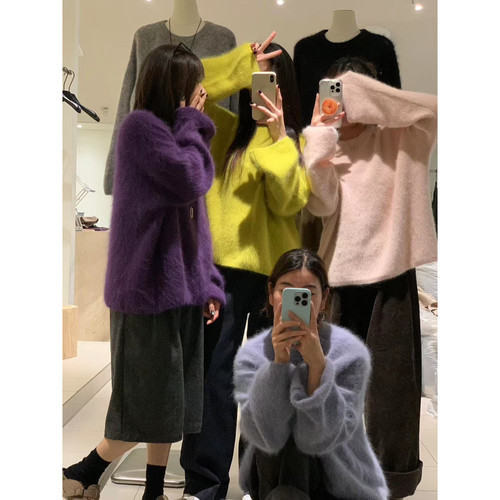 IU ROOM韩系圆领兔绒纯色毛衣女春季高级感软糯亲肤宽松针织衫