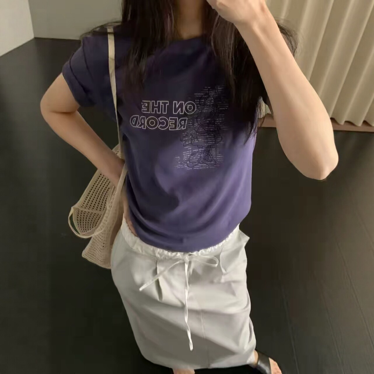 IU ROOM 韩国夏季圆领米奇字母印花圆领短袖T恤显瘦百搭洋气1365