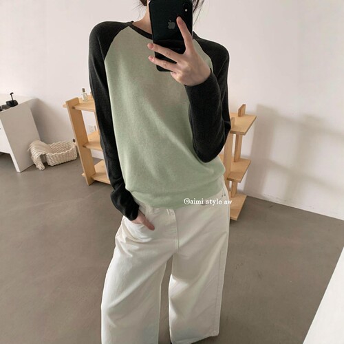 AIMISTYLE 韩系慵懒撞色拼接袖通勤针织衫圆领显瘦内搭上衣02124