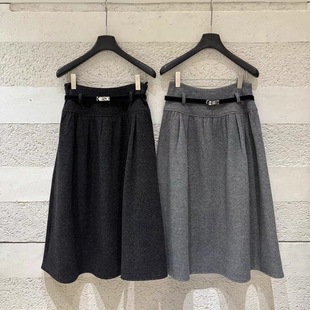 a字裙5366 韩系复古压褶毛呢垂感加绒半身裙配腰带中长款 ROOM