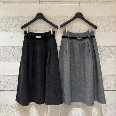 IU ROOM 韩系复古压褶毛呢垂感加绒半身裙配腰带中长款a字裙5366