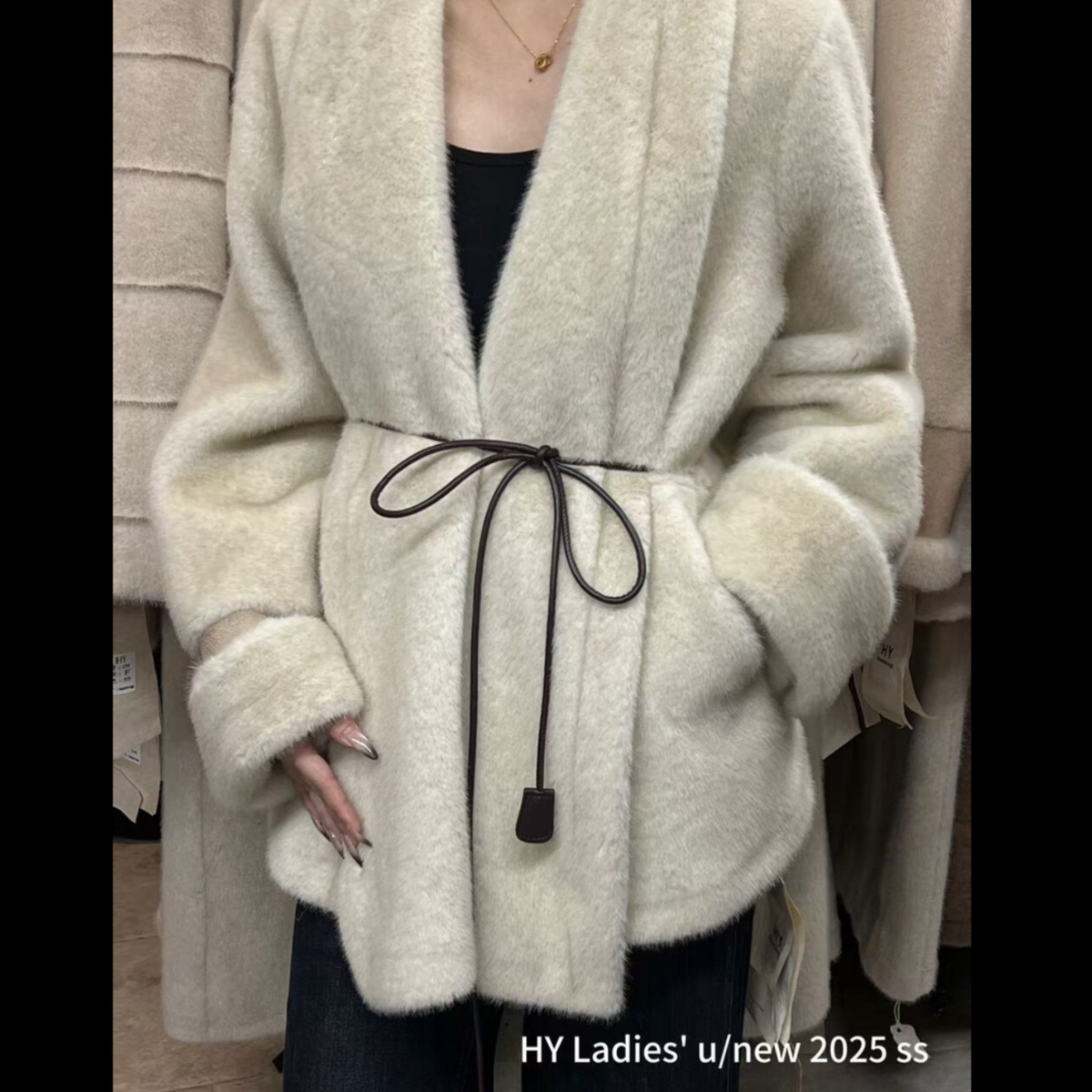 HY-冬上新法式慵懒风开襟宽松系带毛绒大衣(配腰带)7759