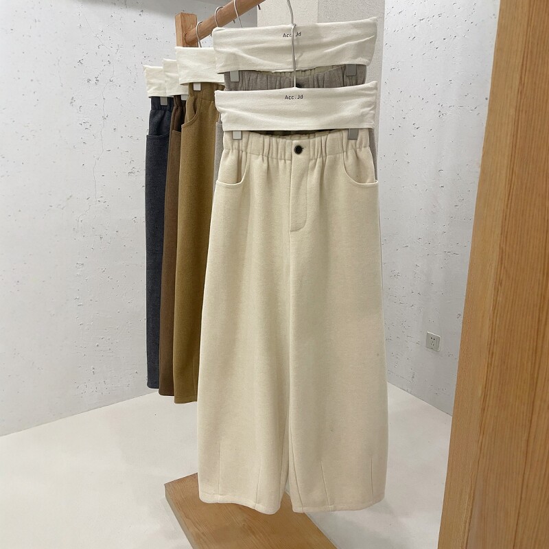 JIAODIAN焦点毛 简约韩系百搭阔腿裤毛呢加绒九分库显瘦奶奶裤173