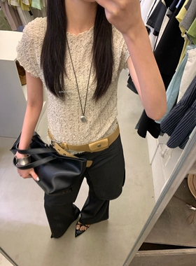 韩系卷边格纹肌理短袖T恤夏季显瘦修身百搭时尚上衣5612