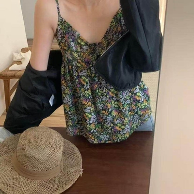 IU ROOM  26夏季韩系复古碎花吊带背心V领叠穿棉麻显瘦上衣5596